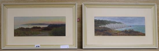 English School, pair of oils on card, The Needles and an estuary view, initialled JRB 12 x 31cm